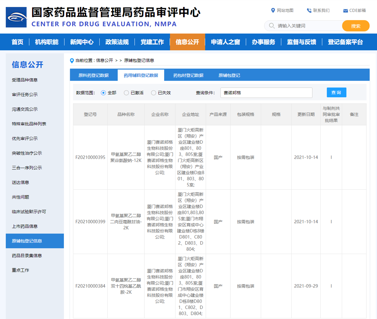 賽諾邦格數(shù)個產(chǎn)品已完成CDE藥用輔料備案！